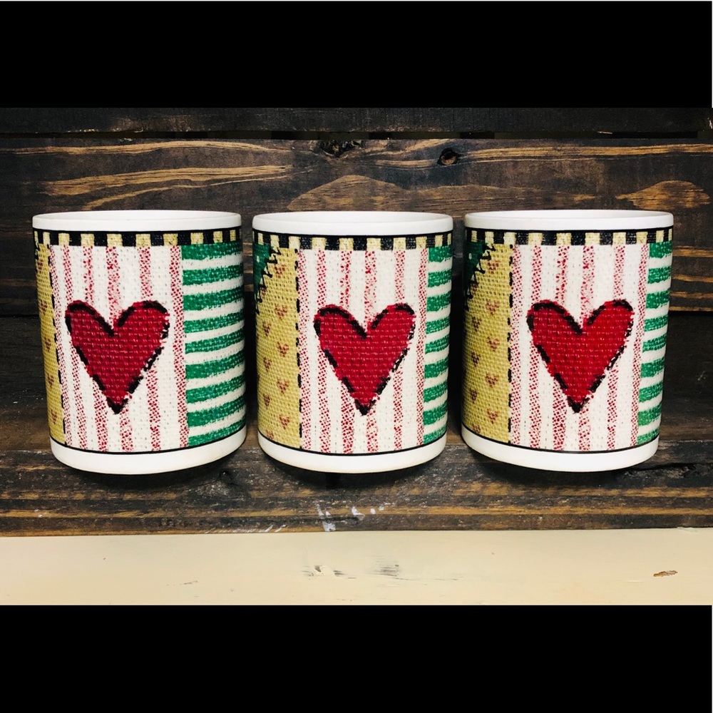 Vtg Set Of 3 Quilted Sewn Patch Stitch ❤️ Mugs